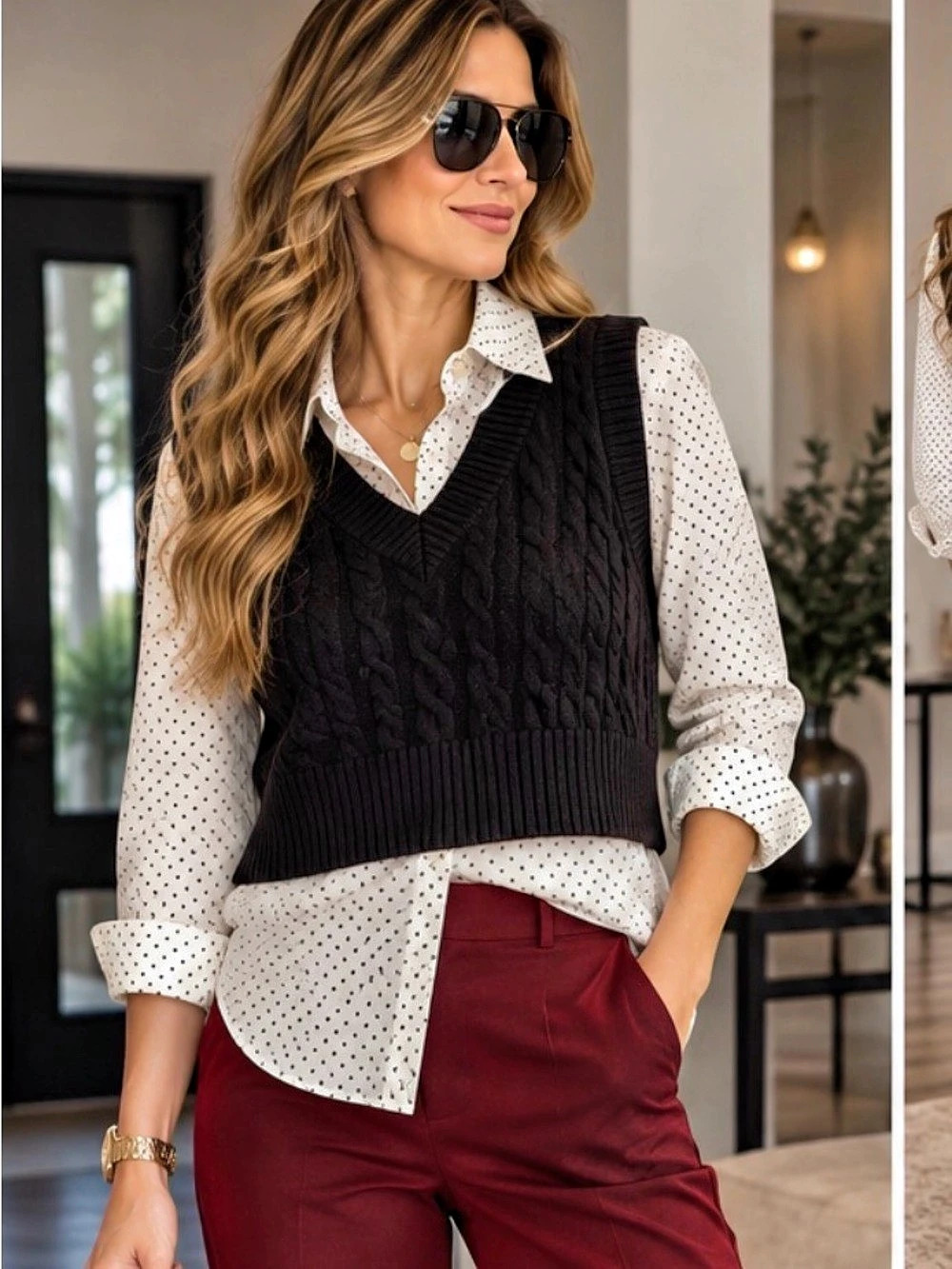 22” ptp 4Women's Black Cable Knit V-Neck Sweater Vest Like New